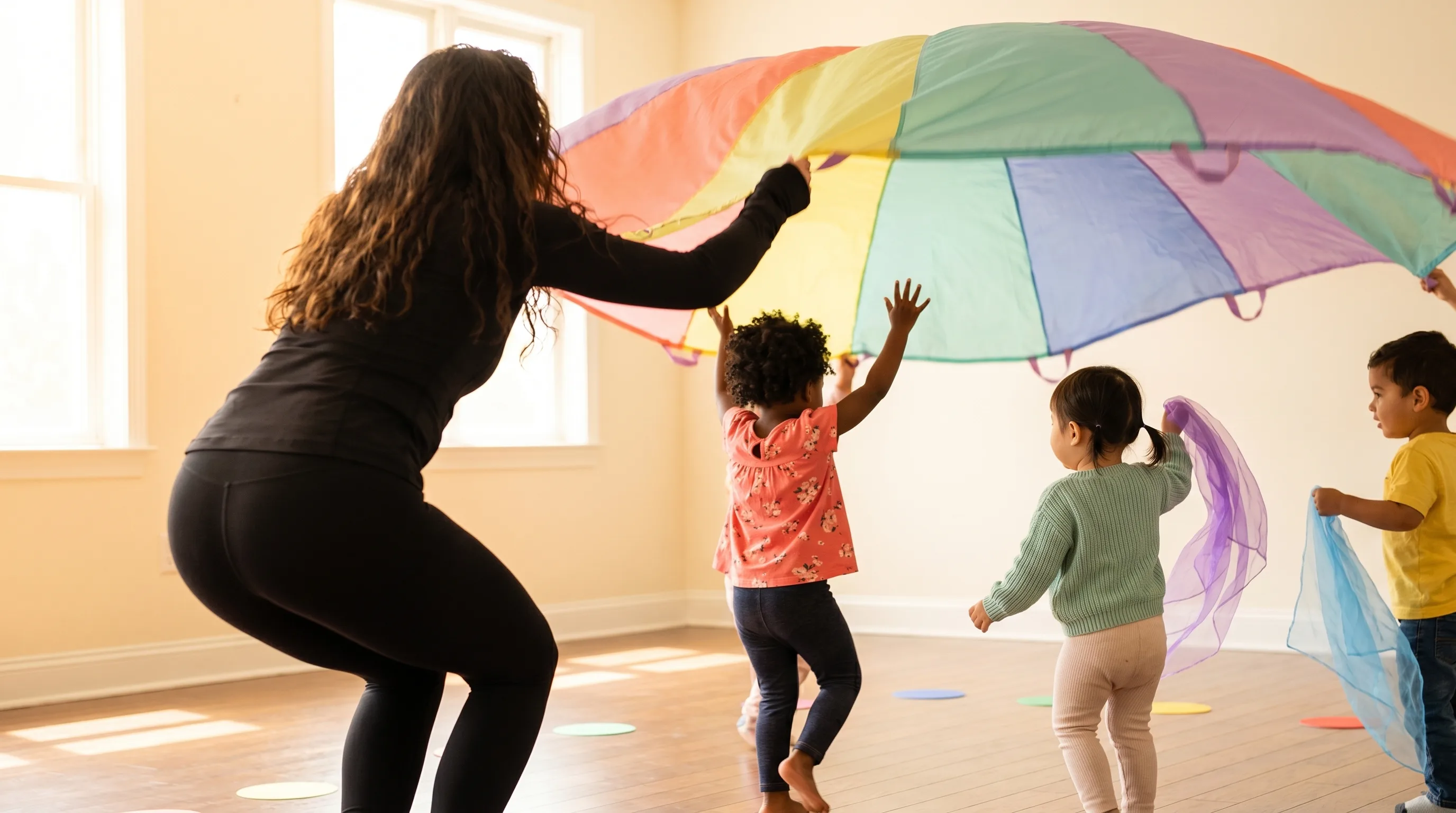 Ms. Nicole leading a diverse group of toddlers dancing under a colorful parachute